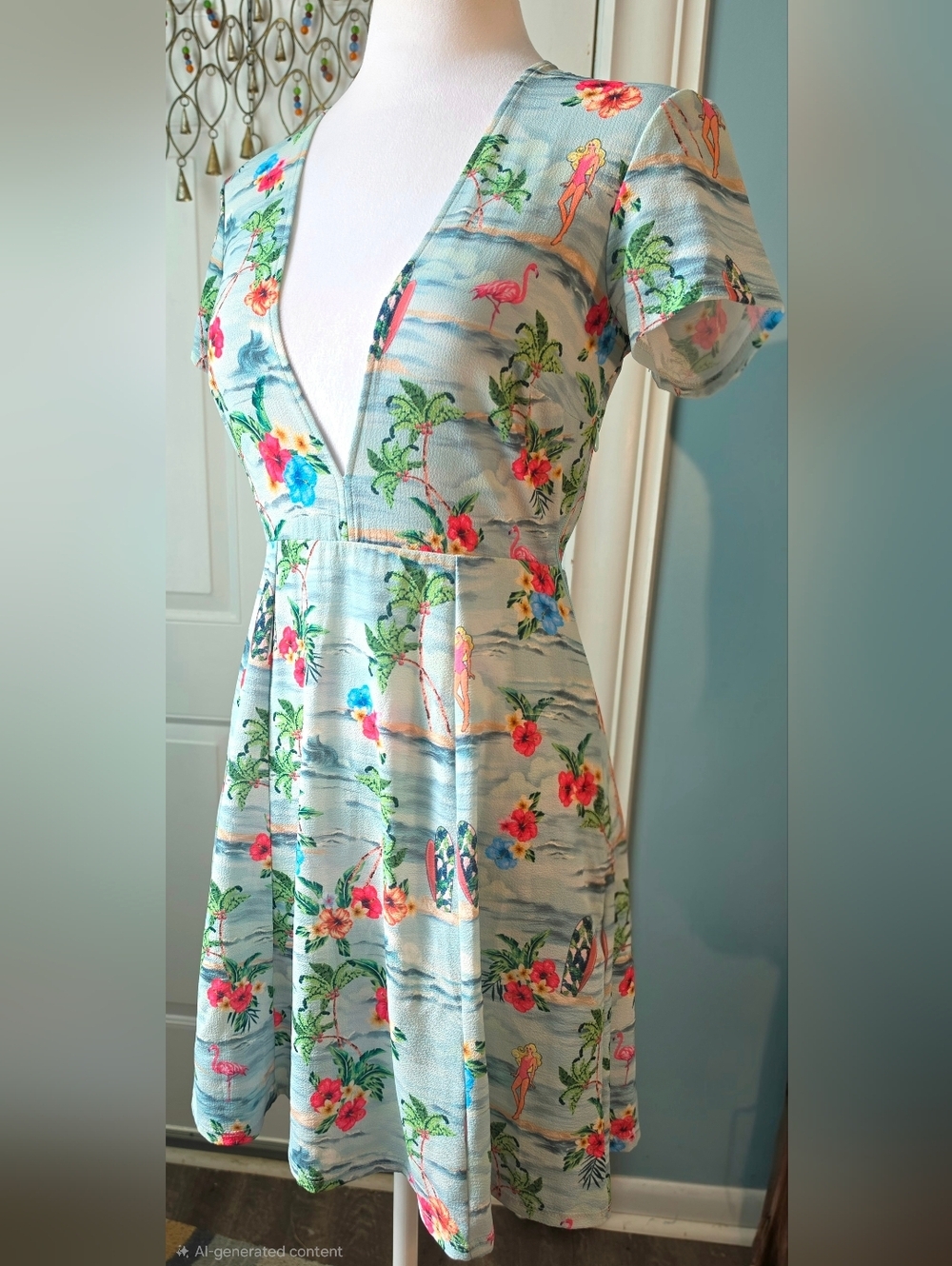 Show Me Your MuMu X Barbie Ibza Fit & Flare Mini Dress Womens S Light Blue Tropi